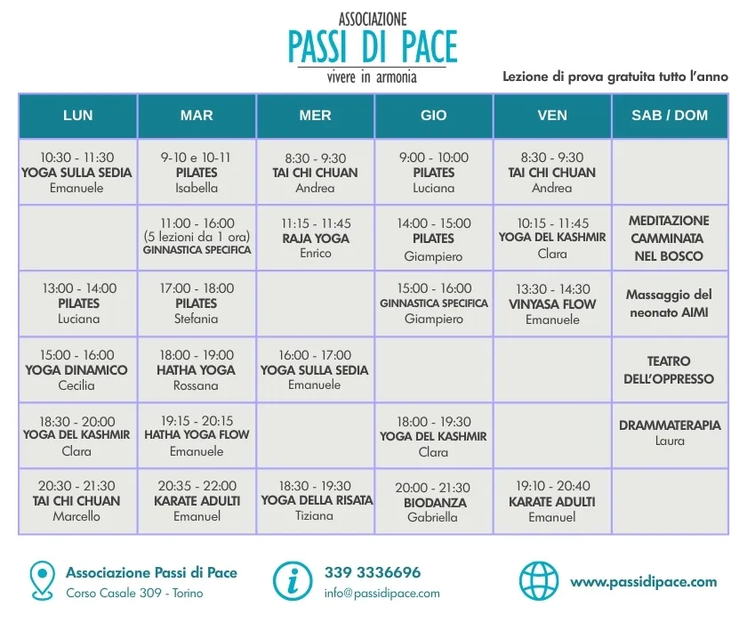 tabella con gli orari dei corsi dell'associazione Passi di Pace per l'anno associativo 2025-2026.